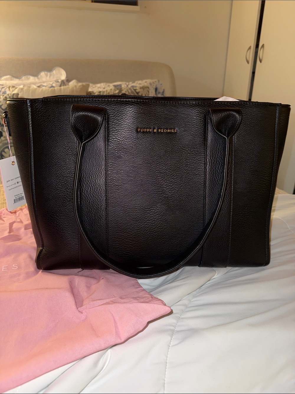 NWT Poppy & Peonies Multitasker Black Leather Tote